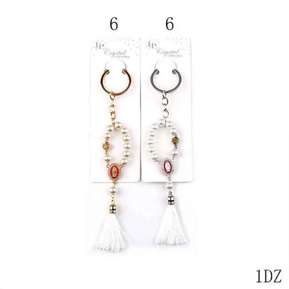 Virgin Mary Pearl Rosary Keychain with Tassel – Religious Guadalupe Keyring Favor (12 Pack / 1 Dozen) (YNV-1649)