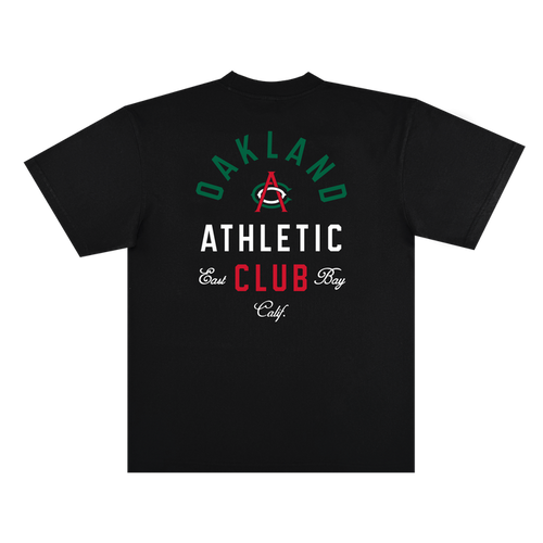 The Viva OAC Tee by OAC is a black, classic fit t-shirt crafted from heavy-weight cotton. The back showcases “OAKLAND ATHLETIC CLUB” and “East Bay Calif.” in green, white, and red fonts, highlighted by a large red “A” with a green arc centered among the text.