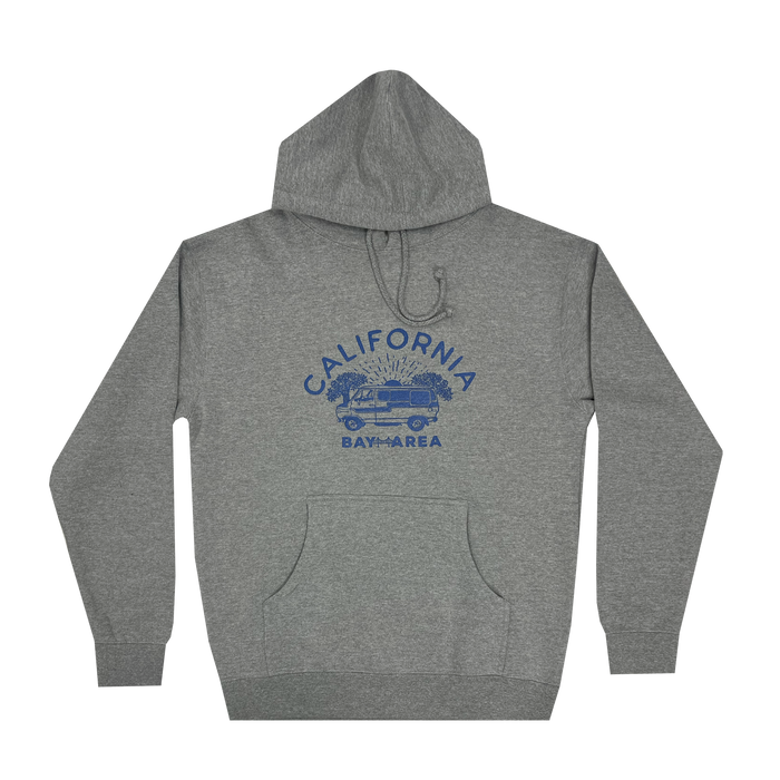 The Wavy Nostalgia Hoodie by Never Elsewhere is a Gunmetal Heather pullover with a front pocket, featuring a blue design in the center that includes the words "California Bay Area" above an image of a van surrounded by palm trees. This men's sizing sweatshirt is completed with visible drawstrings and ribbed cuffs and waistband.