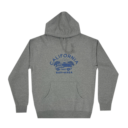 The Wavy Nostalgia Hoodie by Never Elsewhere is a Gunmetal Heather pullover with a front pocket, featuring a blue design in the center that includes the words "California Bay Area" above an image of a van surrounded by palm trees. This men's sizing sweatshirt is completed with visible drawstrings and ribbed cuffs and waistband.