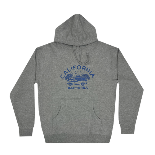 The Wavy Nostalgia Hoodie by Never Elsewhere is a Gunmetal Heather pullover with a front pocket, featuring a blue design in the center that includes the words "California Bay Area" above an image of a van surrounded by palm trees. This men's sizing sweatshirt is completed with visible drawstrings and ribbed cuffs and waistband.
