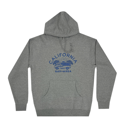 The Wavy Nostalgia Hoodie by Never Elsewhere is a Gunmetal Heather pullover with a front pocket, featuring a blue design in the center that includes the words "California Bay Area" above an image of a van surrounded by palm trees. This men's sizing sweatshirt is completed with visible drawstrings and ribbed cuffs and waistband.