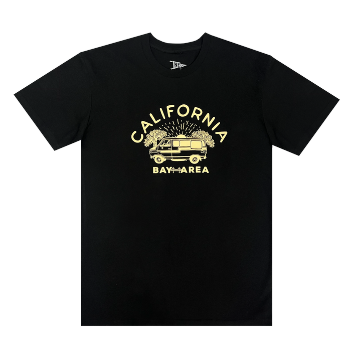 The Wavy Nostalgia Tee by Never Elsewhere is a black T-shirt made from 100% cotton, featuring a vibrant yellow graphic of a van surrounded by trees with fireworks in the background. The text "CALIFORNIA" arches above the van, and "BAY AREA" is boldly written below it.