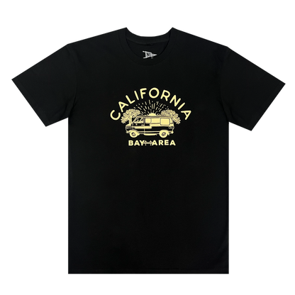 The Wavy Nostalgia Tee by Never Elsewhere is a black T-shirt made from 100% cotton, featuring a vibrant yellow graphic of a van surrounded by trees with fireworks in the background. The text "CALIFORNIA" arches above the van, and "BAY AREA" is boldly written below it.