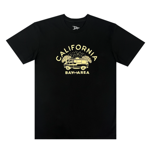 The Wavy Nostalgia Tee by Never Elsewhere is a black T-shirt made from 100% cotton, featuring a vibrant yellow graphic of a van surrounded by trees with fireworks in the background. The text "CALIFORNIA" arches above the van, and "BAY AREA" is boldly written below it.