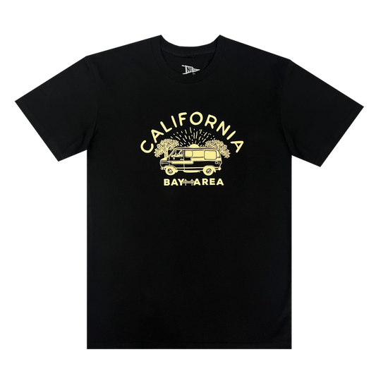 The Wavy Nostalgia Tee by Never Elsewhere is a black T-shirt made from 100% cotton, featuring a vibrant yellow graphic of a van surrounded by trees with fireworks in the background. The text "CALIFORNIA" arches above the van, and "BAY AREA" is boldly written below it.
