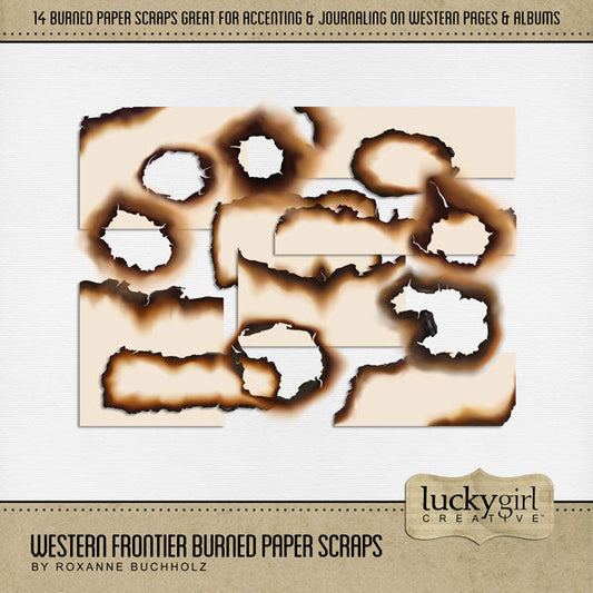 Add a touch of Wild West authenticity to your digital scrapbooking pages with these realistic pieces of paper with burned edges by Lucky Girl Creative digital art. Great for travels to the Southwest (Arizona, Colorado, Utah, Nevada, New Mexico), cowboy and cowgirl dances and hoedowns, rodeo and ranch events, ghost towns, vacations to the desert, Mexico, and so much more!