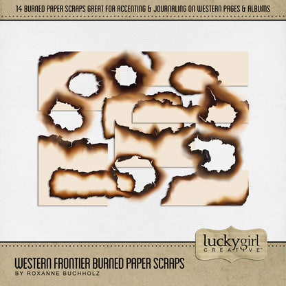 Add a touch of Wild West authenticity to your digital scrapbooking pages with these realistic pieces of paper with burned edges by Lucky Girl Creative digital art. Great for travels to the Southwest (Arizona, Colorado, Utah, Nevada, New Mexico), cowboy and cowgirl dances and hoedowns, rodeo and ranch events, ghost towns, vacations to the desert, Mexico, and so much more!