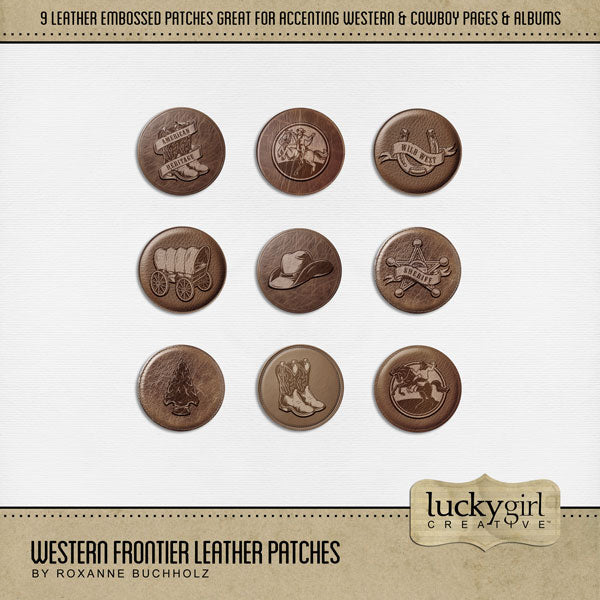 Crafted from authentic leather and embossed with cowboy icons, these Wild West patches by Lucky Girl Creative digital art are easy to use for western-inspired digital scrapbook pages including travels to the Southwest (Arizona, Colorado, Utah, Nevada, New Mexico), cowboy and cowgirl dances and hoedowns, rodeo and ranch events, ghost towns, vacations to the desert, Mexico, and so much more!