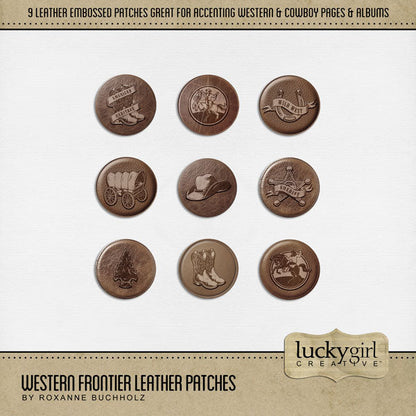 Crafted from authentic leather and embossed with cowboy icons, these Wild West patches by Lucky Girl Creative digital art are easy to use for western-inspired digital scrapbook pages including travels to the Southwest (Arizona, Colorado, Utah, Nevada, New Mexico), cowboy and cowgirl dances and hoedowns, rodeo and ranch events, ghost towns, vacations to the desert, Mexico, and so much more!