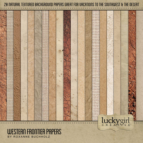 The Western Frontier Papers Digital Scrapbook Kit features natural textured Wild West digital scrapbooking papers by Lucky Girl Creative digital art. Perfect for western-inspired backgrounds to your digital scrapbook pages including travels to the Southwest (Arizona, Colorado, Utah, Nevada, New Mexico), cowboy and cowgirl dances and hoedowns, rodeo and ranch events, and ghost towns.