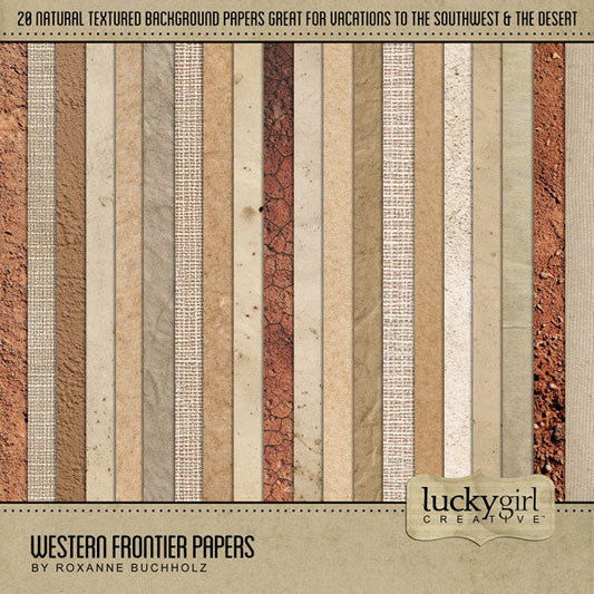 The Western Frontier Papers Digital Scrapbook Kit features natural textured Wild West digital scrapbooking papers by Lucky Girl Creative digital art. Perfect for western-inspired backgrounds to your digital scrapbook pages including travels to the Southwest (Arizona, Colorado, Utah, Nevada, New Mexico), cowboy and cowgirl dances and hoedowns, rodeo and ranch events, and ghost towns.