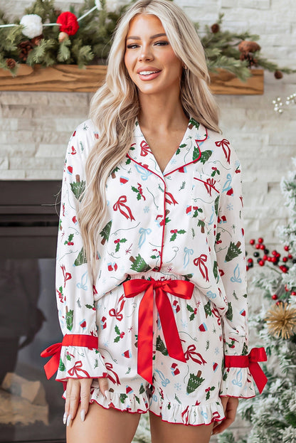 White Christmas Print Ruffle Cuff Long Sleeve Lounge Set 🇺🇸