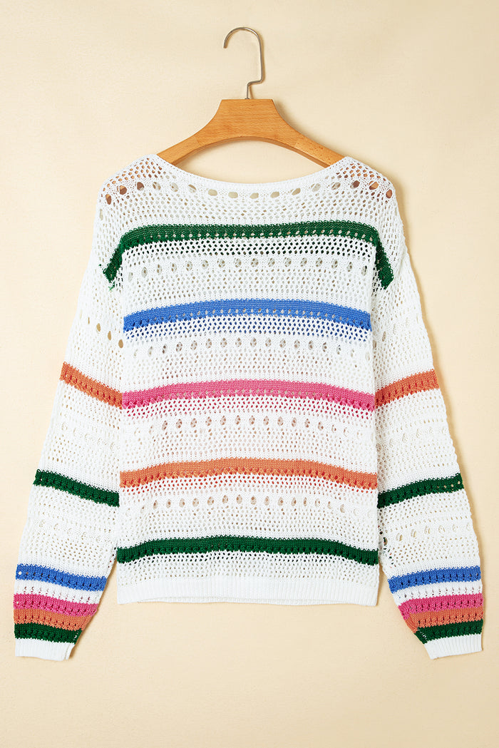 White Color Block Striped Pointelle Knit Sweater