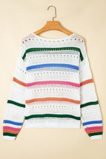 White Color Block Striped Pointelle Knit Sweater