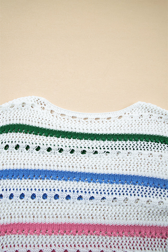 White Color Block Striped Pointelle Knit Sweater
