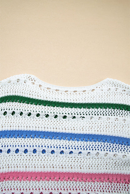 White Color Block Striped Pointelle Knit Sweater