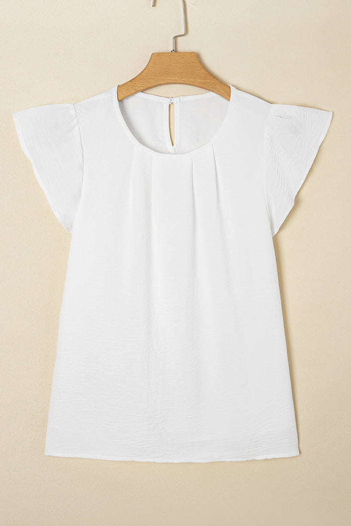 White Flounce Sleeve Pleated Textured Blouse