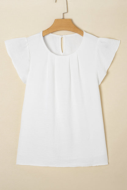 White Flounce Sleeve Pleated Textured Blouse