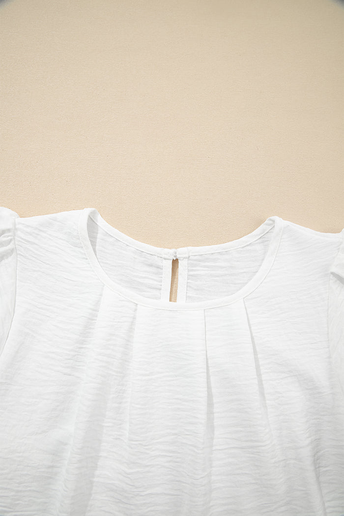 White Flounce Sleeve Pleated Textured Blouse