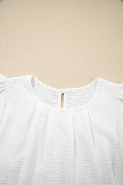 White Flounce Sleeve Pleated Textured Blouse