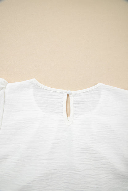 White Flounce Sleeve Pleated Textured Blouse