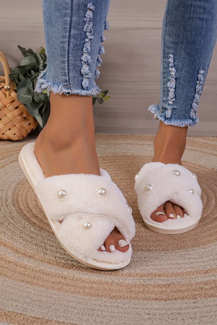 White Pearl Decor Criss Cross Plush Slippers 🇺🇸