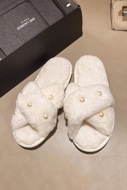 White Pearl Decor Criss Cross Plush Slippers 🇺🇸