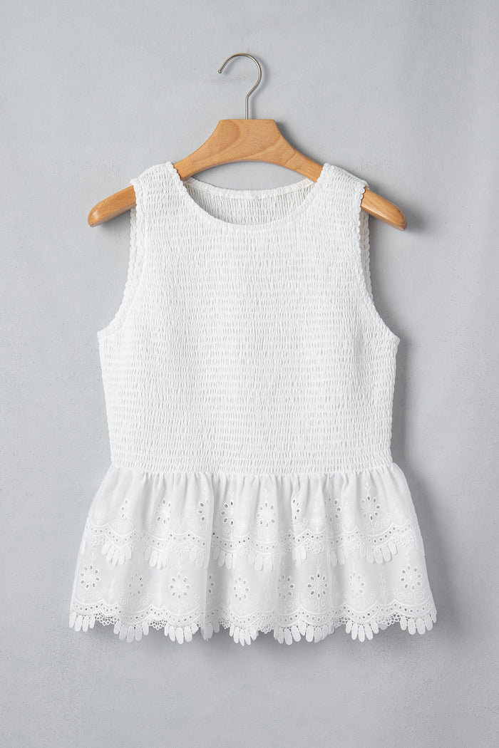 White Sleeveless Smocked Lace Peplum Top 🇺🇸
