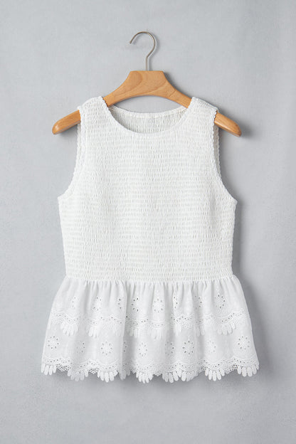 White Sleeveless Smocked Lace Peplum Top 🇺🇸