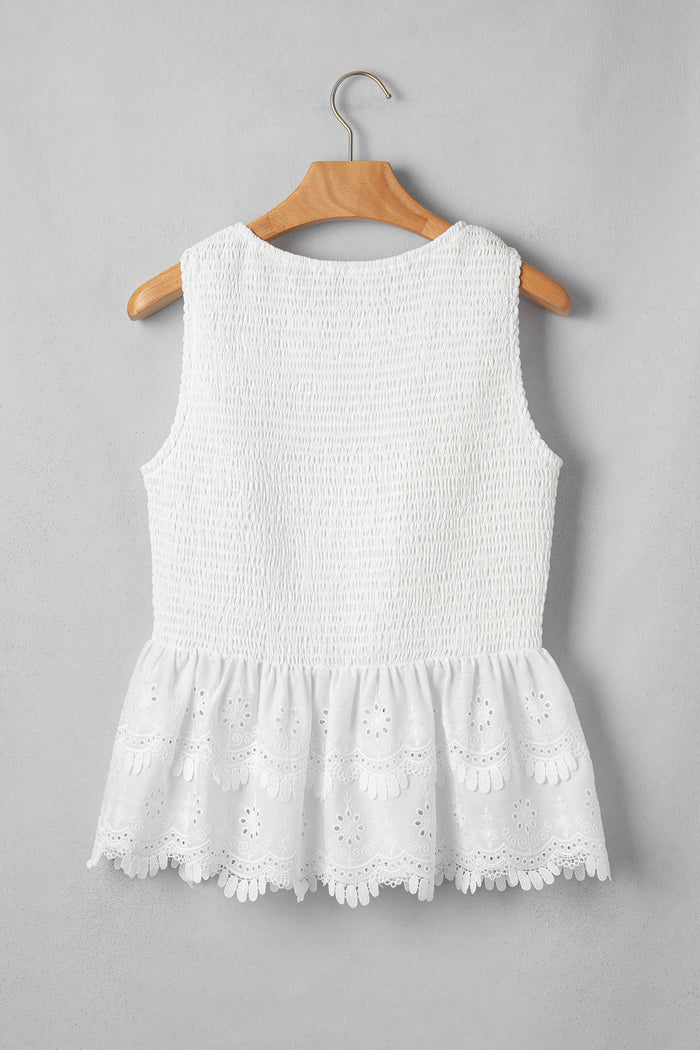 White Sleeveless Smocked Lace Peplum Top 🇺🇸