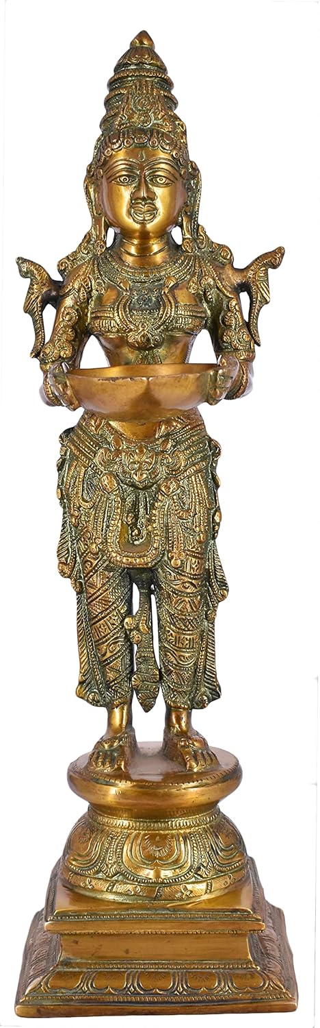 White Whale Brass Deeplaxmi Statue/Hand Carved Religious Standing Goddess Lakshmi/Diwali Oil Lamp Laxmi/Diya Holding Lady/Temple Decor Art