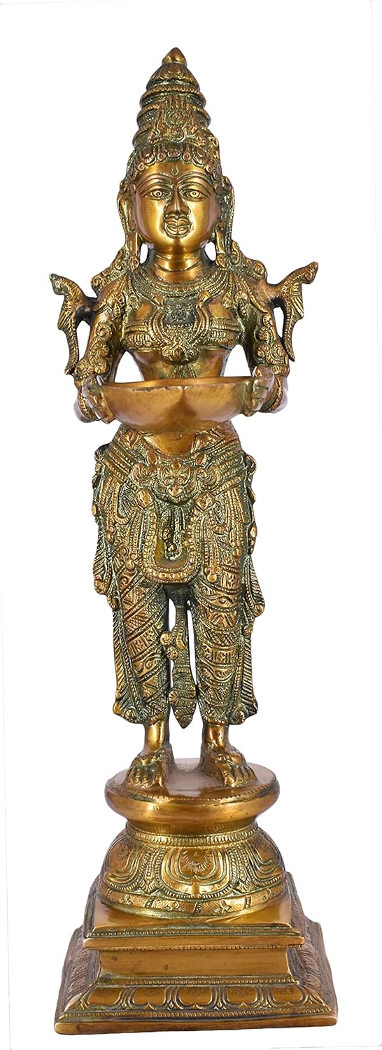 White Whale Brass Deeplaxmi Statue/Hand Carved Religious Standing Goddess Lakshmi/Diwali Oil Lamp Laxmi/Diya Holding Lady/Temple Decor Art