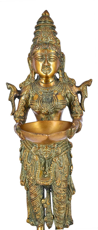 White Whale Brass Deeplaxmi Statue/Hand Carved Religious Standing Goddess Lakshmi/Diwali Oil Lamp Laxmi/Diya Holding Lady/Temple Decor Art