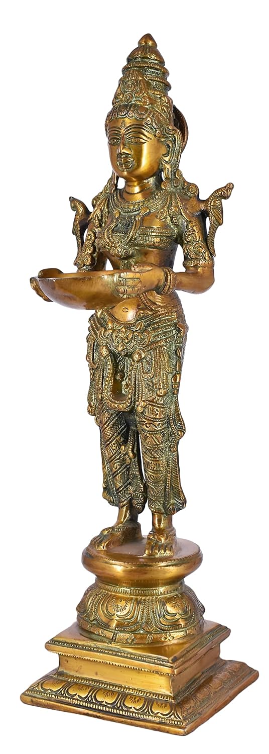White Whale Brass Deeplaxmi Statue/Hand Carved Religious Standing Goddess Lakshmi/Diwali Oil Lamp Laxmi/Diya Holding Lady/Temple Decor Art