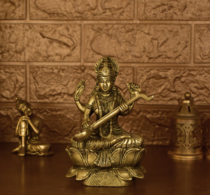 White Whale Brass Goddess Saraswati Sitting On Kamal Statue Idol Home Decor Figurine