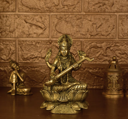 White Whale Brass Goddess Saraswati Sitting On Kamal Statue Idol Home Decor Figurine