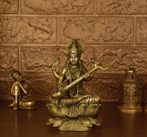 White Whale Brass Goddess Saraswati Sitting On Kamal Statue Idol Home Decor Figurine
