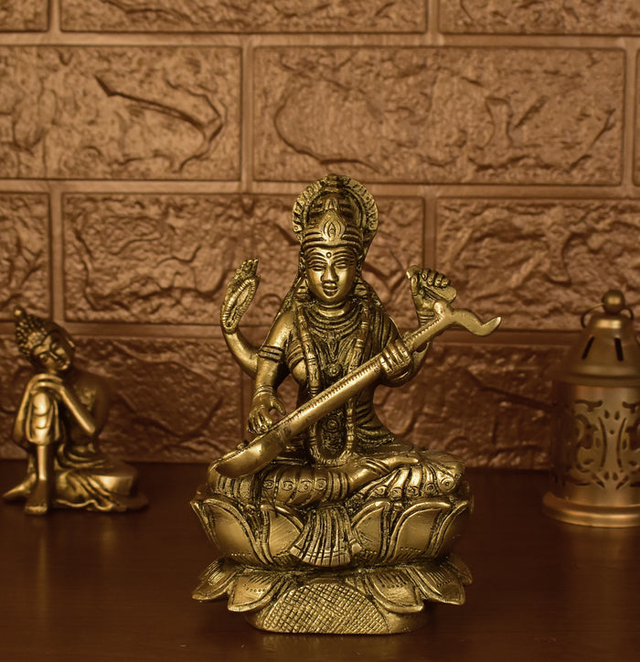 White Whale Brass Goddess Saraswati Sitting On Kamal Statue Idol Home Decor Figurine