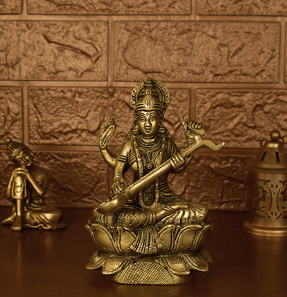 White Whale Brass Goddess Saraswati Sitting On Kamal Statue Idol Home Decor Figurine