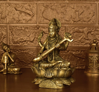 White Whale Brass Goddess Saraswati Sitting On Kamal Statue Idol Home Decor Figurine