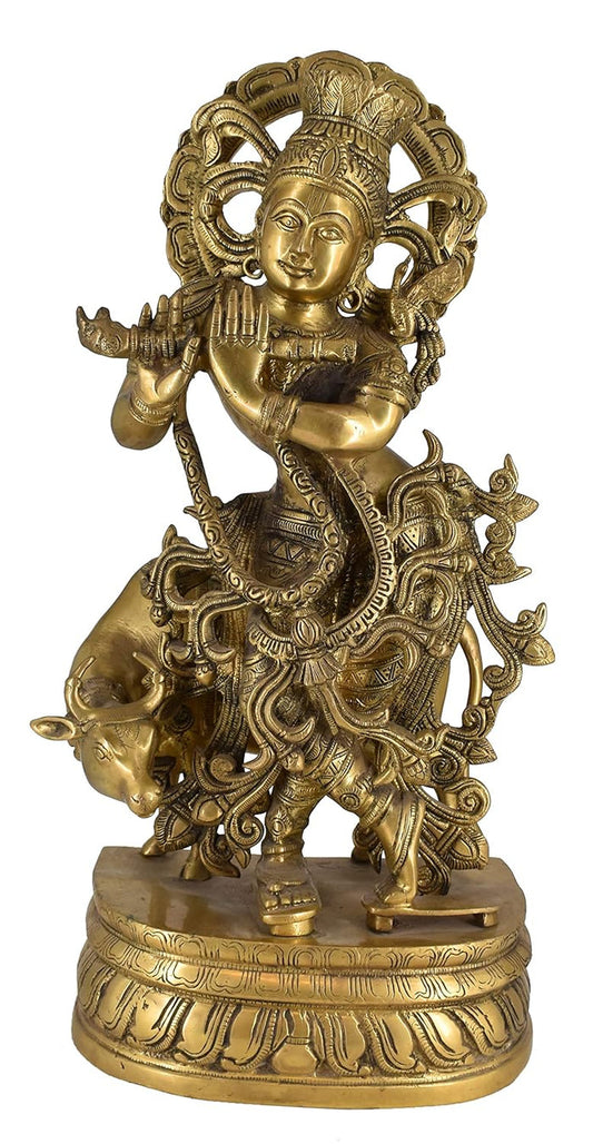 White Whale Brass Hindu God Lord Krishna Bhagwan Lord Krishna Idol Statue Murti