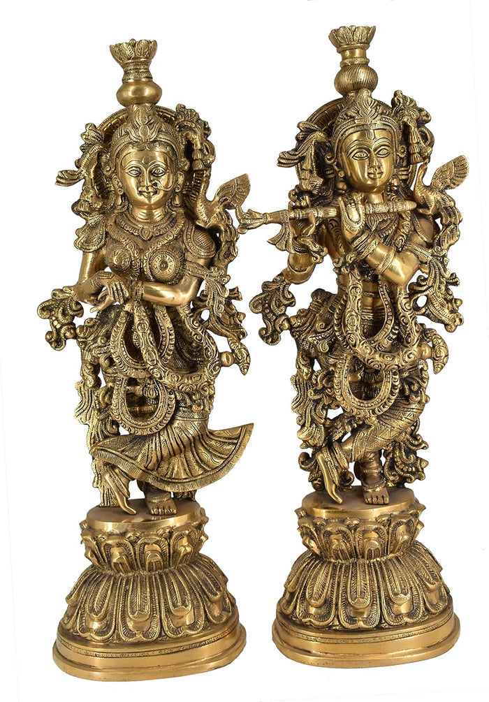 White Whale Brass Lord Radha Krishna Couple Bhagwan Large Statue Sculpture Turquoise Murti for Home Decor Pooja Temple - 21 Inch