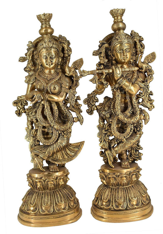 White Whale Brass Lord Radha Krishna Couple Bhagwan Large Statue Sculpture Turquoise Murti for Home Decor Pooja Temple - 21 Inch