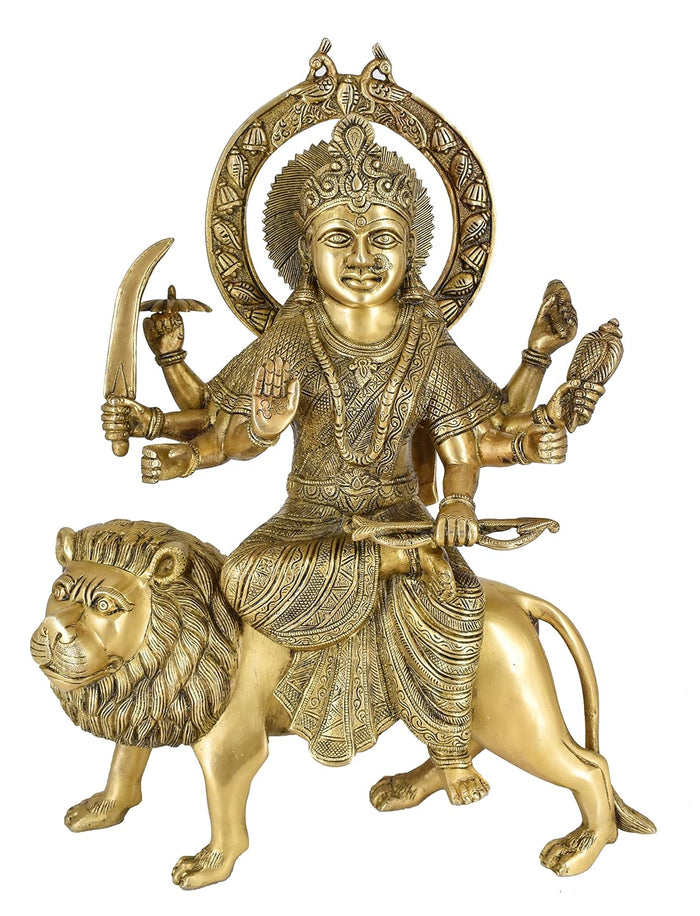 White Whale Brass Maa Durga/Ma Sherwali Idol Sitting On Lion Murti Religious Strength God Sculpture Idol