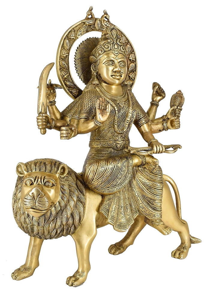 White Whale Brass Maa Durga/Ma Sherwali Idol Sitting On Lion Murti Religious Strength God Sculpture Idol
