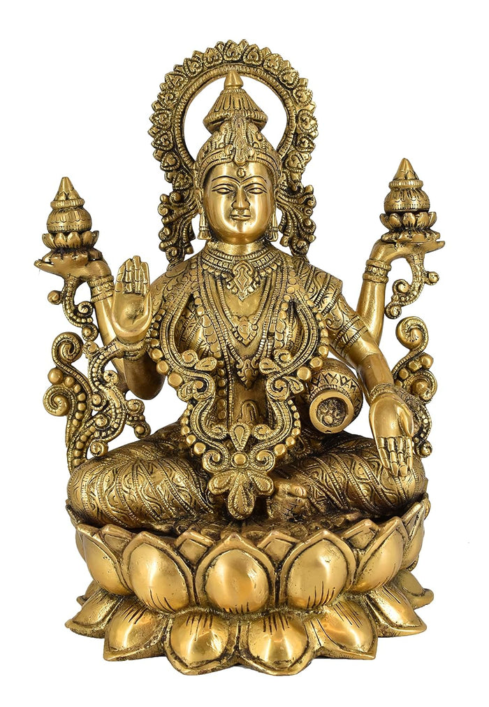White Whale Hindu Goddess Maa Laxmi Idol Brass Statue Standing in Loltus Lakshmi for Temple Puja Home Decor Murti Office Gift Item Showpiece