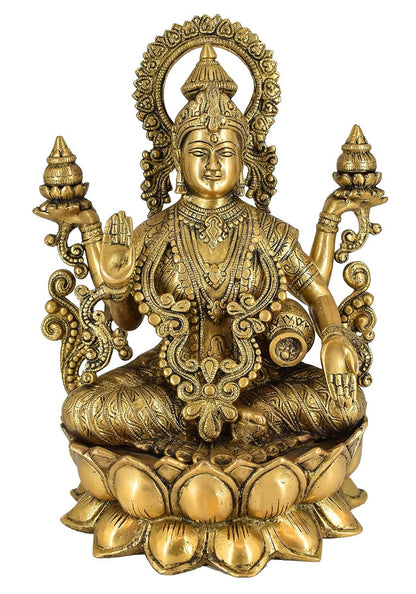 White Whale Hindu Goddess Maa Laxmi Idol Brass Statue Standing in Loltus Lakshmi for Temple Puja Home Decor Murti Office Gift Item Showpiece