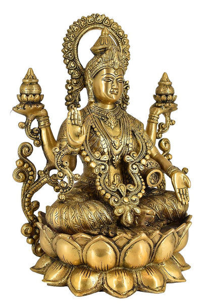 White Whale Hindu Goddess Maa Laxmi Idol Brass Statue Standing in Loltus Lakshmi for Temple Puja Home Decor Murti Office Gift Item Showpiece