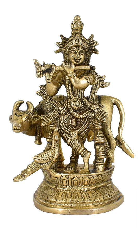 White Whale Lord Krishna Idol Statue Krishna Idols Gold Plated Flute Playing Krishan Decorative Showpiece Figurine for Pooja Room & Gift